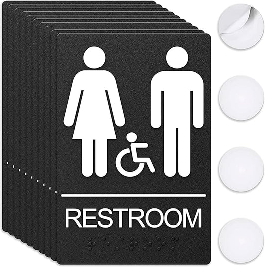 ASSURED SIGNS Unisex Bathroom Signs, Restroom Sign For Business - For Unisex Men and Women - 10 Pack - 9" by 6" - ADA Compliant with Braille and Handicap Symbol - Strong Double-Sided Adhesives Included - Apply to Door or Wall