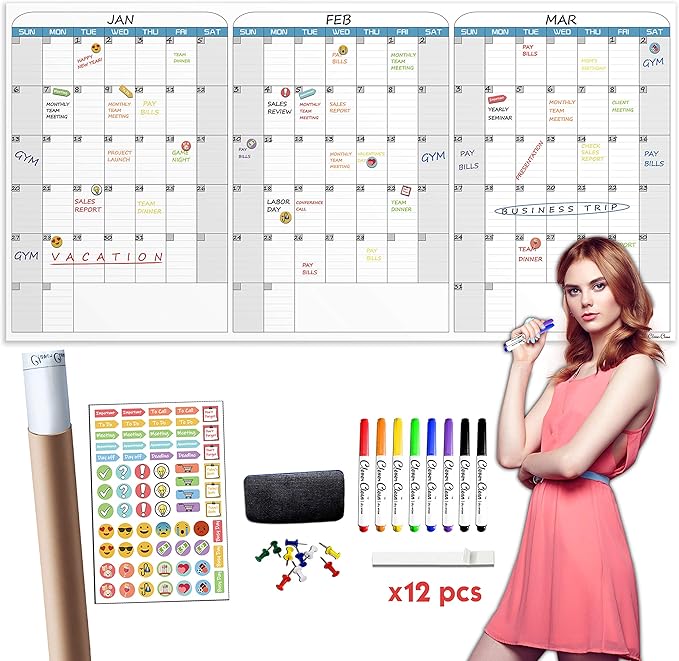 CLEVER CLEAN Large Dry Erase Wall Calendar - 36"x72" Undated 3-Month Calendar for Home, School, Office Projects - Jumbo Reusable Task Organizer