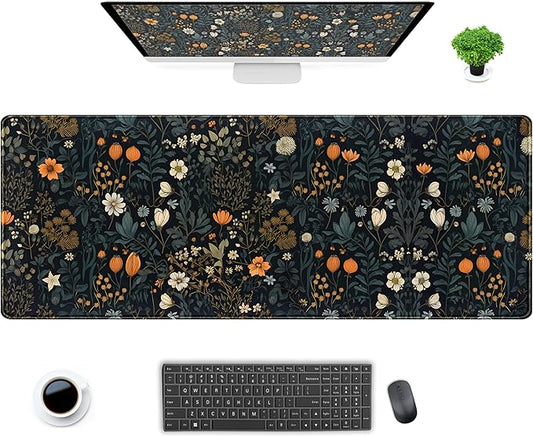 Retro Dark Floral Desk Mat Cute Plant Flowers Mouse Pad XL Large Desk Pad Aesthetic Sage Desk Matt for Desktop, Laptop Computer Keyboard Mouse Mat for Women Office Decor Accessories 31.5x11.8 in