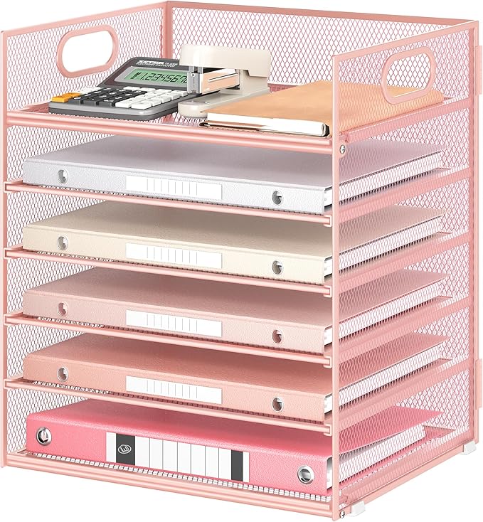 6 Tray Paper Organizer Letter Tray with Handle - Mesh Desk File Organizer, Paper Sorter Organizer for Office, Home or School File Folder Holder - Pink