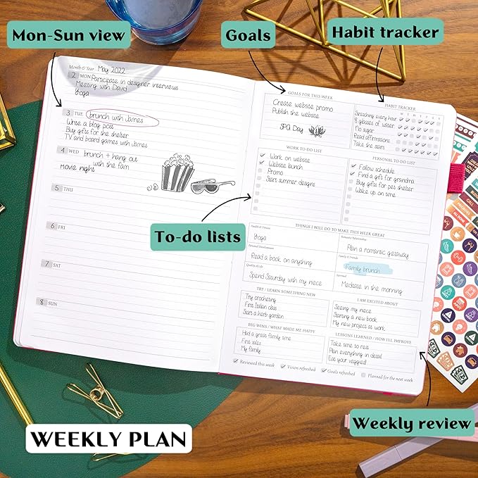 Legend Planner PRO – Deluxe Weekly & Monthly Life Planner to Increase Productivity and Hit Your Goals. Time Management Organizer Notebook – Undated – 7 x 10" Hardcover + Stickers – Hot Pink