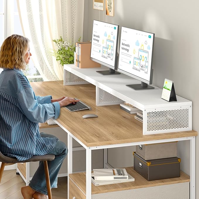 EnHomee 55.2" Computer Monitor Stand, Desk Shelf for Top of Desk for 3 * 23" Monitors/Laptop Computer/PC/Printers, TV Riser for 65 60 55 Inch TV for Bedroom Home Office, White