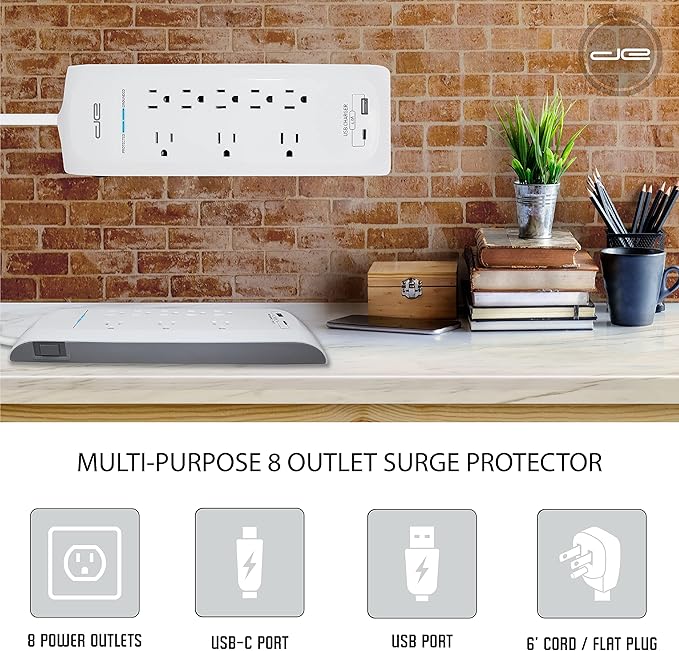 Digital Energy 25 FT USB-C and USB-A 8 Outlet 4200 Joules Surge Protector Power Strip, 3 Wide Spaced Outlets, White