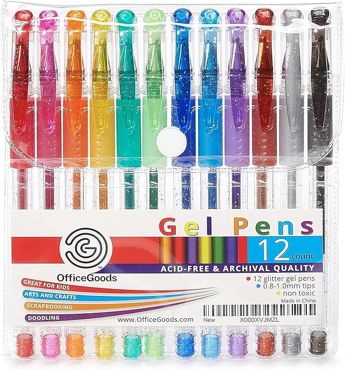 OfficeGoods Multicolor Gel Pens with Refills – Adult Coloring Journaling Art – Medium 0.8-1.0mm Tips – Non-Toxic Gel Pens Set – Quick Dry Smudge-Free 12 Pack Colors