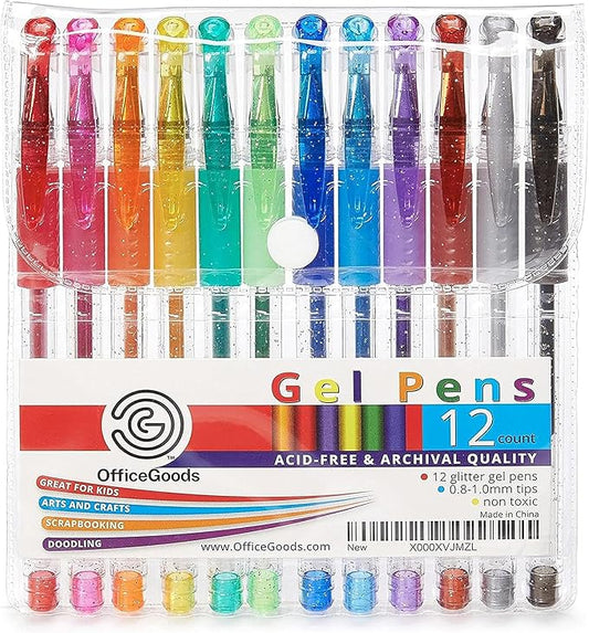 OfficeGoods Multicolor Gel Pens with Refills – Adult Coloring Journaling Art – Medium 0.8-1.0mm Tips – Non-Toxic Gel Pens Set – Quick Dry Smudge-Free 12 Pack Colors