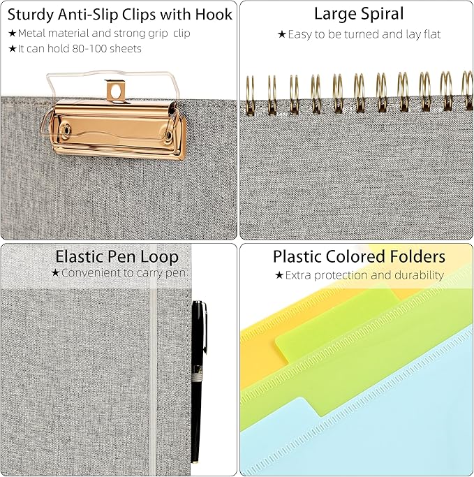 Ospelelf Foldable Spiral Clipboard Folio with Storage Zipper Pouch, 5 Plastic Folders with 10 Pockets,Refillable Lined Notepad (11" x 8.5"), Hardcover Project Organizer with 39 Stickers (Grey)