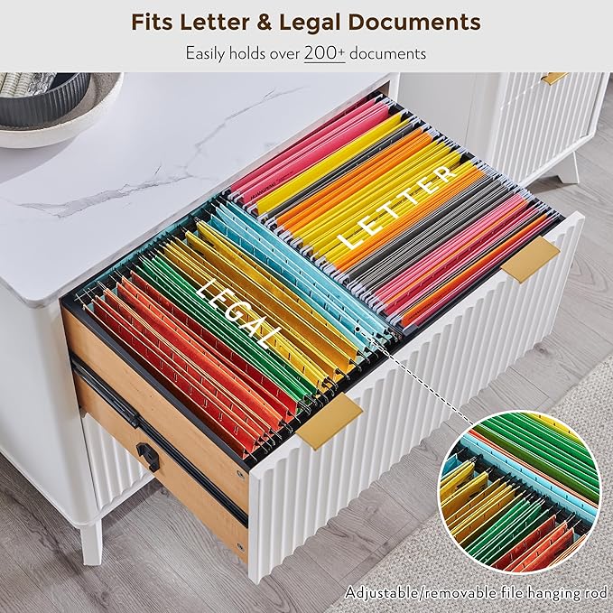 T4TREAM 2 Drawer File Cabinet, 30" Fluted Lateral File Cabinet w/Files Hanging Rod for Letter/Legal/A4, Large Tabletop for Printer, Office Wood Printer Cabinets, White