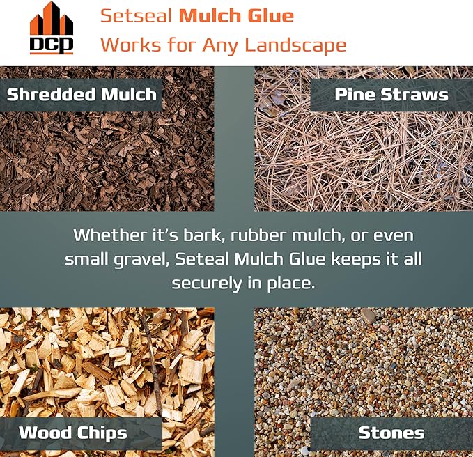 DCP Setseal Mulch Glue for Landscaping 1 Gallon - Gravel Stabilizer & Rock Glue - Works with Mulch, Pea Gravel, Pebble, Rubber Mulch, Large Gravel, Rocks - Ready-to-Use, Non-Toxic, Fast Drying