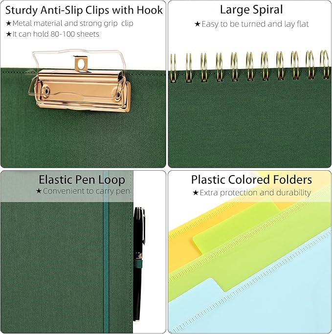 Ospelelf Foldable Spiral Clipboard Folio with Storage Zipper Pouch, 5 Plastic Folders with 10 Pockets,Refillable Lined Notepad (11" x 8.5"), Hardcover Project Organizer with 39 Stickers (Dark Green)