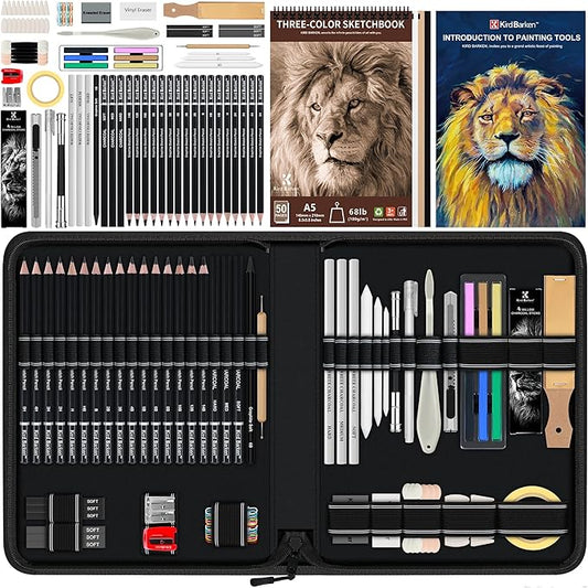 Kird Barken 112 PCS Professional Drawing Set – Sketch Kit with Graphite & Charcoal Pencils, 3-Color Sketchbook, Art Supplies for Shading & Blending – Ideal for Artists, Adults, Teens & Beginners