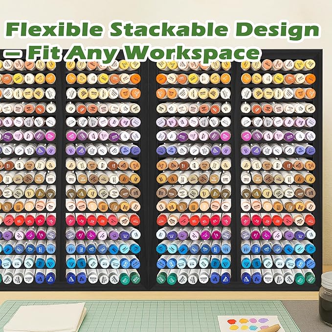 PROLEE Marker Storage Organizer for 224 Markers,Wooden Alcohol Marker Holder with 32 Slots,Markers Pens Pencils Art Supply Storage Rack for Desk Home Classroom Office Decor (Black, 15“x11”x5.2 “)