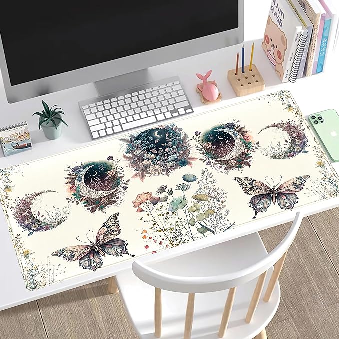 Beige Flowers Desk Mat Mousepad Cute Boho Plants Large Extended Gaming Mouse Pad XXL 31.5x15.75 in, Aesthetics Floar Butterfly Moon Laptop Keyboard and Mouse Mat for Women Office Gamer Girl Decor