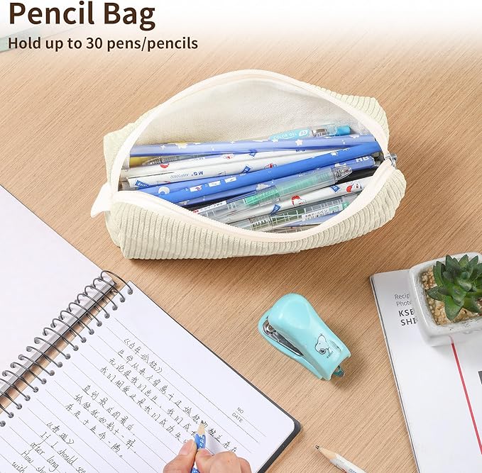 Pencil Bag Pen Case, Soft Corduroy Small Pencil Pouch Organizer with Zipper, Cute Pencil Case Pouch Stationery for Girls and Boys – White