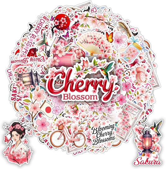 105 PCS Cherry Blossom Stickers Pack, Sakura Floral Pink Vinyl Waterproof Decals, Flower Laptop Water Bottle Scrapbook Sticker Gift for Kids Teens Adults Birthday Christmas
