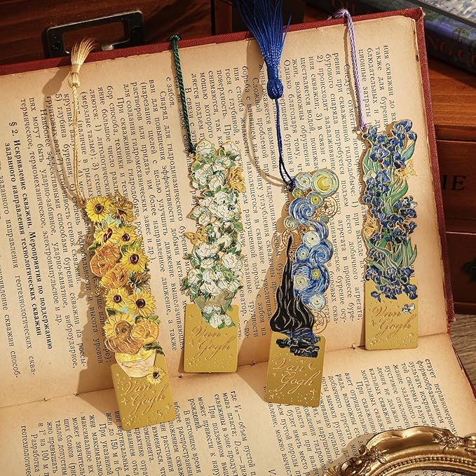 4 Pieces Metal Bookmarks with Tassel, Golden Hollow Bookmark Monet Oil Painting Theme Book Mark Bookmarks for Book Lovers Writers Readers Children Teens for Women Adults Teen