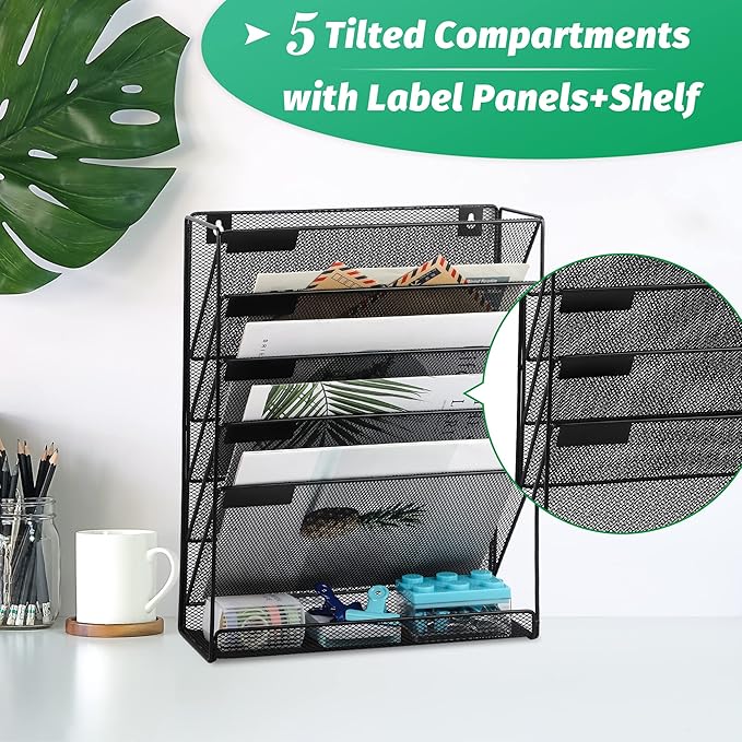 EASEPRES Desk File Organizer Mesh 6-Tier, Hanging Wall Mount Document Organization Stand, Desktop Vertical Mail Paper Folder Holder Rack with Bottom Tray for Office Home Cubicle Countertop, Black