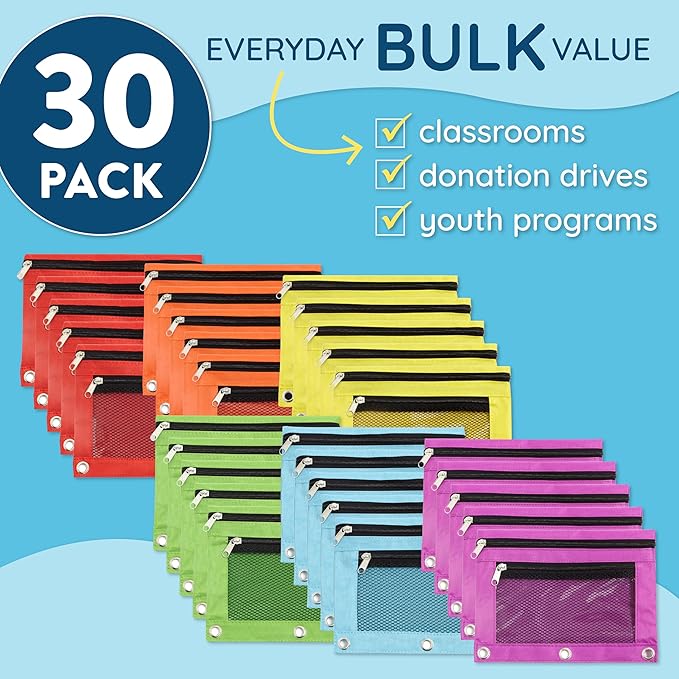 Blue Summit Supplies Pencil Pouches, Bulk Pencil Pouch 30 Pack in Assorted Colors for Storing School Supplies, Writing Utensils, and more, Cloth Zipper Pouches for 3 Ring Binders, 30 Count