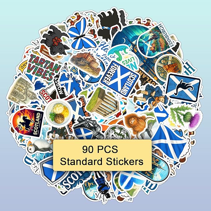 100 PCS Scotland Stickers Pack, Vinyl Waterproof Decals of Edinburgh Glasgow Highland Cow Castles and Scottish Symbols, Travel Souvenir Gift for Kids Teens Adults Scrapbook Laptop Water Bottle