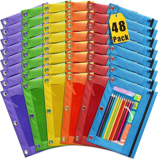 Pencil Pouch for 3 Ring Binder, 48 Pack Pencil Pouches with Zipper & Clear Window - 6 Assorted Color, Pencil Case Bulk for 3-Holes Binder, Multi-Purpose Storage Bag for Office, School Supplies (48)