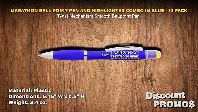 DISCOUNT PROMOS 10 Marathon Gel Highlighter Pens Pack - Customizable Text, Logo - Twist Mechanism, Ballpoint - Blue