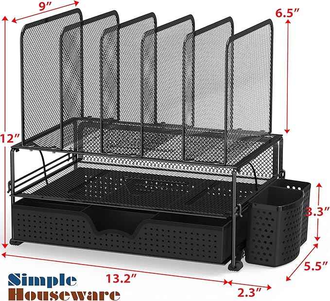 SIMPLE HOUSEWARE Mesh Desk Organizer with Sliding Drawer, Double Tray and 5 Upright Sections, Black