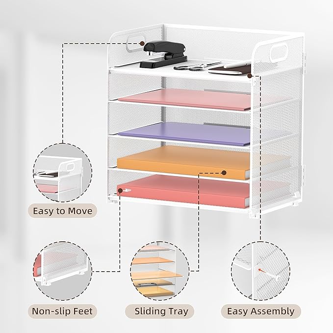 2 Pack 5-Tier White Desk Organizer with Handle Mesh Desk File/Paper Organizer Letter Tray for Office, School and Home Easy Installation