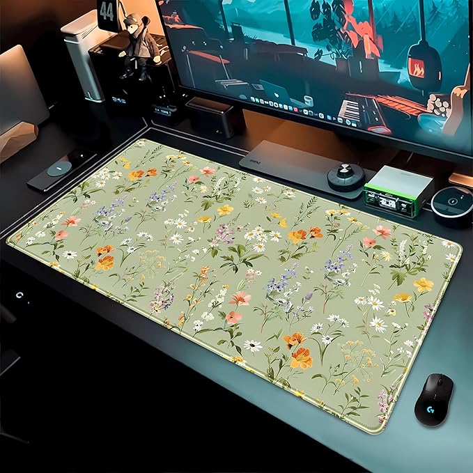 Cute Green Large Gaming Mouse Pad XXL Mousepad Sage Desk Mat with Stitched Edges, Aesthetic Computer Laptop Keyboard and Mouse Mat, Flower Plant Non-Slip Rubber Base Desk Pad 31.5x15.75 in