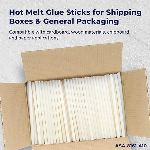 ASA Full Size Hot Glue Sticks for Glue Gun - 7/16" x 10" | High-Strength Hot Gun Sticks Adhesive for Corrugated Materials | Industrial Grade for Packaging & Woodworking | Pack of 189