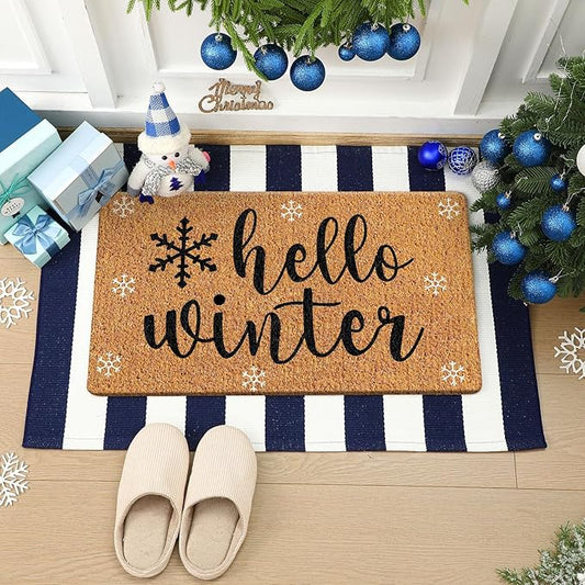 2 Pcs Hello Winter Door Mat Outdoor Snowflake Nature Coir Welcome Outdoor Rug Dark Blue White Stripe Winter Front Door Rugs Non Slip Floor Mats for Indoor Entrance Porch Decor