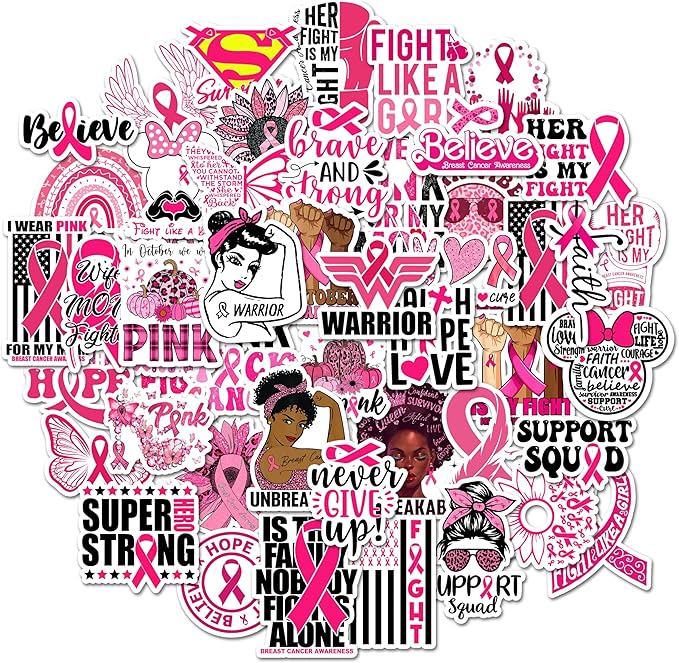 BEATRI Breast Cancer Awareness Stickers 50Pcs Pink Ribbon Stickers for Women's Health Waterproof Vinyl Stickers Decals Gifts for The People Care About Women (Breast Cancer Awareness Stickers Decal)