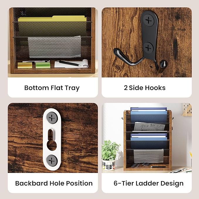Hanging Wall File Organizer, 6 Tier Wood Wall File Holder with 2 Hooks, Mail Organizer Wall Mounted with Bottom Flat Tray, Vertical Paper Desk Storage for Office, Home, Rustic Brown
