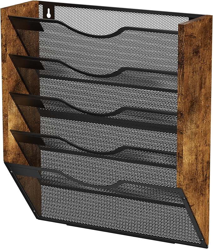 Ironwood Hanging Wall File Organizer, 5 Pocket Mesh Mail Organizer Wall Mounted with Nametag Label, Wall File Holder for Office Home School, Magazine Rack for Mail Paper Document Organization, Black