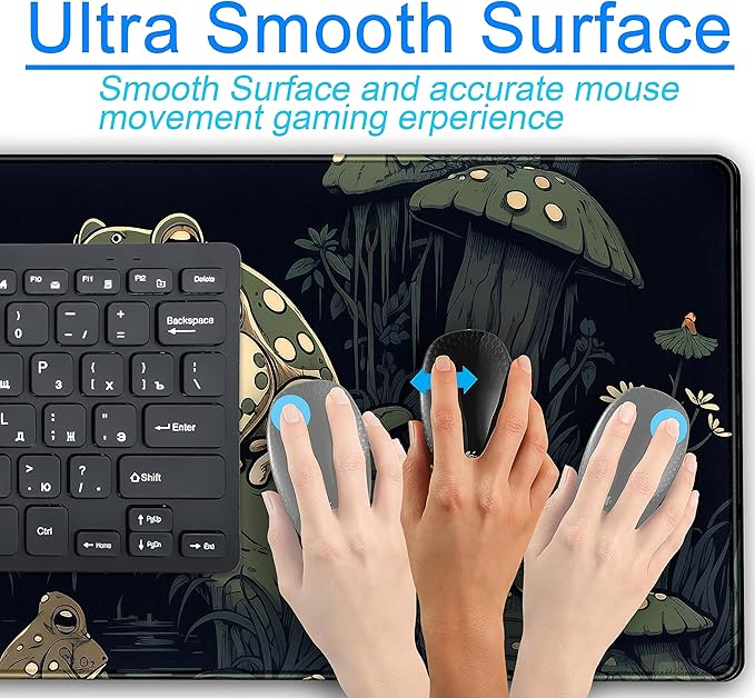 Kawaii Mushroom Cute Frog Desk Mat Anime Gaming Mouse Pad Dark Green Forest Mousepad XXL, Large Extended Laptop Keyboard Mouse Mat Desk Pad 31.5x15.75 in, Non-Slip Rubber Base with Stitched Edges