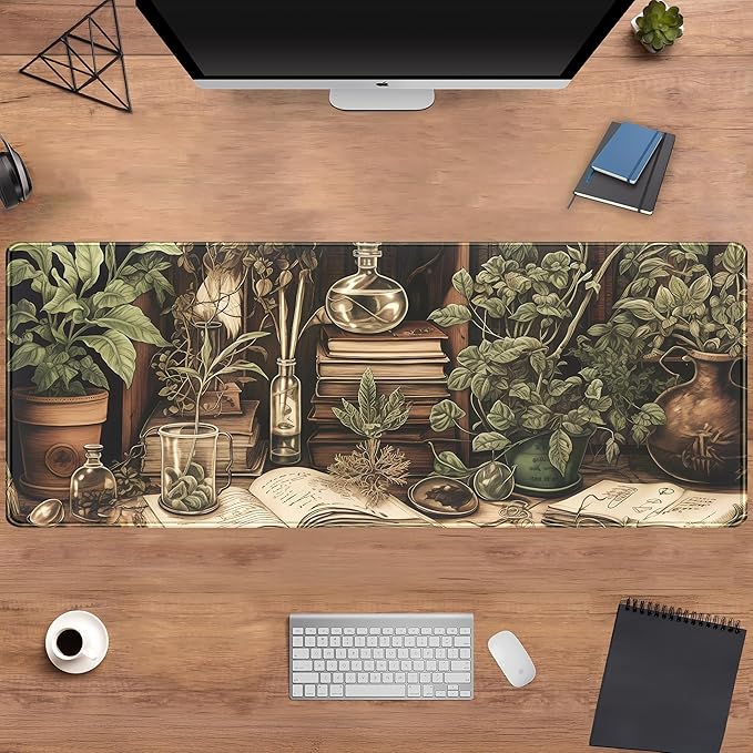 Retro Olive Green Plant XL Large Extended Gaming Mouse Pad Cool Plants Lovers Desk Mat with Stitched Edges, Non-Slip Rubber Base Mousepad, Laptop Computer Keyboard and Mouse Mat 31.5x11.8 in