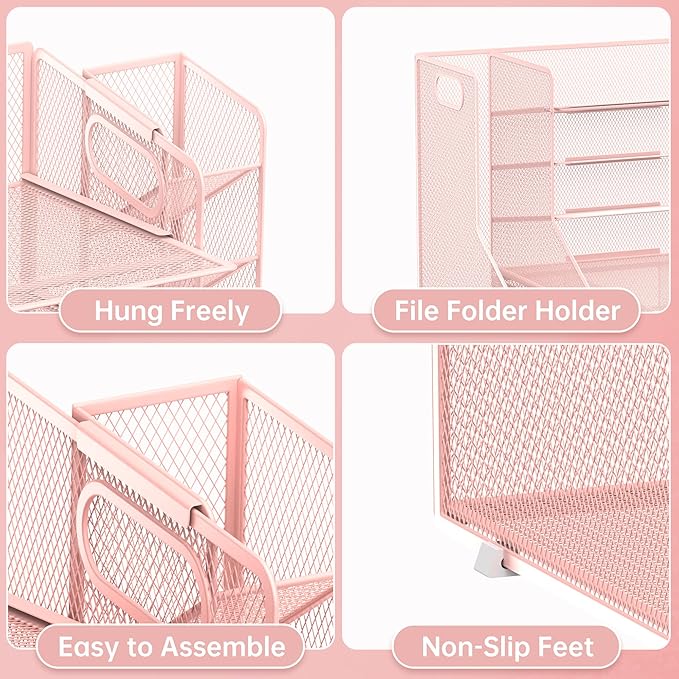 SUPEASY Desk Organizer with File Holder, 5-Tier Mesh Paper Organizer Letter Tray with Pen Holder and Drawer, Desk Organizers and Accessories with 3 Tilted File Sorter for Office Supplies, Pink