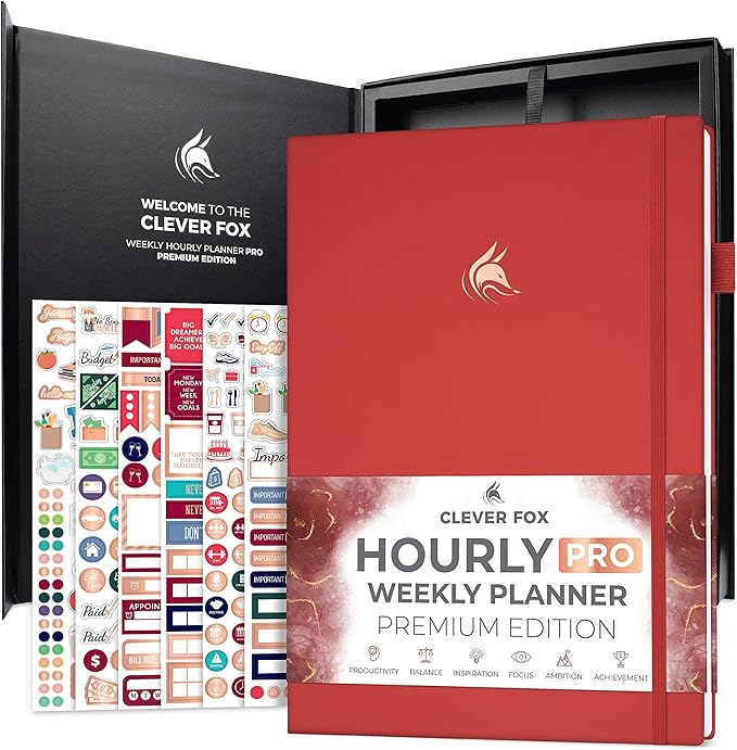 Clever Fox Hourly Planner PRO Premium – Undated Schedule Planner with Daily Time Slots – Personal Organizer Notebook for Time Management – Weekly & Monthly Life Journal, A4 size (Red)