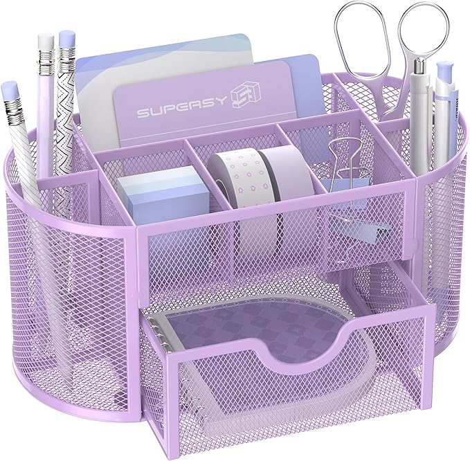 SUPEASY Mesh Desk Organizer, Desk Accessories & Workspace Organizers with Drawers, Pencil Holder for Desk with 9 Compartments for Office Suppliess, 8.6 x 4.3 x 4.1 Inch, Purple