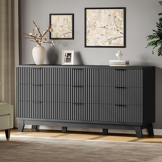 Fluted Dresser with 9 Drawers, 63" Wide Modern Chest of Drawers with Metal Handle, Wooden Dresser TV Stand, Wood Closet Clothes Storage Organizer for Bedroom, Living Room, Hallway, Solid Black