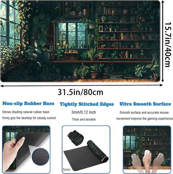 Green Plant Desk Pad Gaming Pad Extra Large Desk Mats Full Desk Mouse Pad XXL, Desktop Mat Computer Laptop Keyboard Pads, Office Home Decor Table Pad Cute Desk Accessories 31.5" x 15.7"