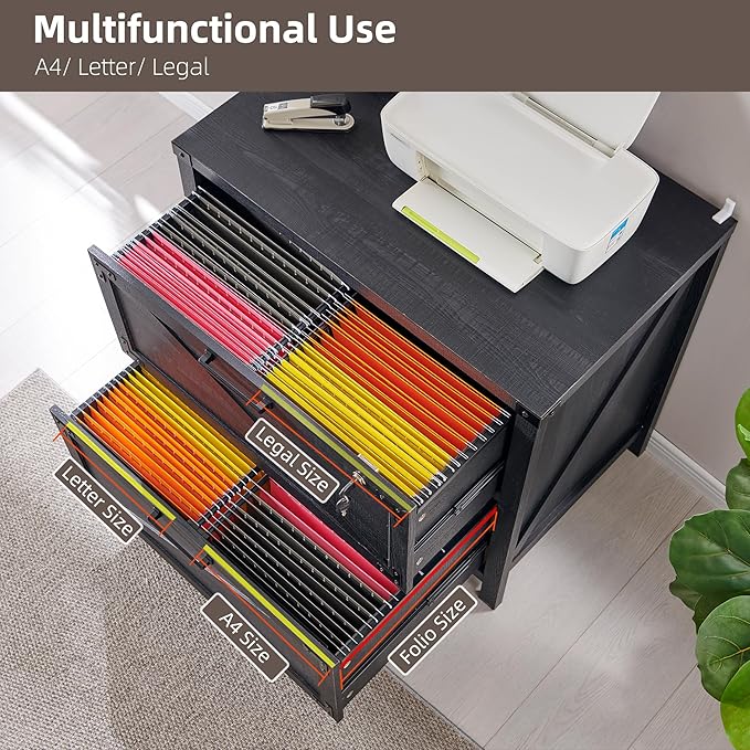 JXQTLINGMU 2 Drawer Farmhouse File Cabinet, Lateral Filing Cabinet with Lock for Home Office, Compatible Legal Letter A4 F4 Size, Black