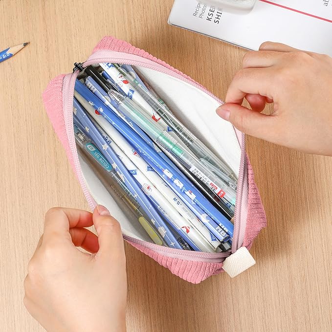 Pencil Bag Pen Case, Soft Corduroy Small Pencil Pouch Organizer with Zipper, Cute Pencil Case Pouch Stationery for Girls and Boys – Pink