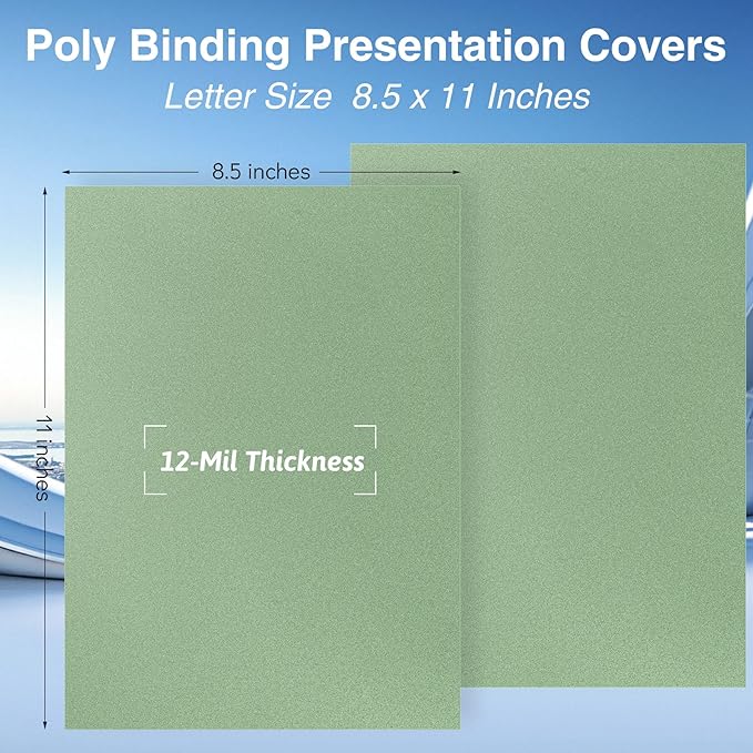 Ndsox 100 Pack 12 Mil Binding Presentation Covers Sand-Textured Polycover Report Covers for Letter Size Document Binding, Business Proposals, 8-1/2 x 11 Inches, Un-Punched, Square Corners, Sage Green