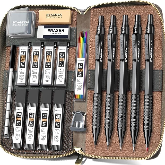 Metal Mechanical Pencil Set in Leather Case, 5PCS Art Drafting Pencil 0.3, 0.5, 0.7, 0.9 & 2mm Lead Holder, 9 Tube (4B 2B HB 2H Colors) Lead Refills for Drawing, Sketching, Writing (Black)