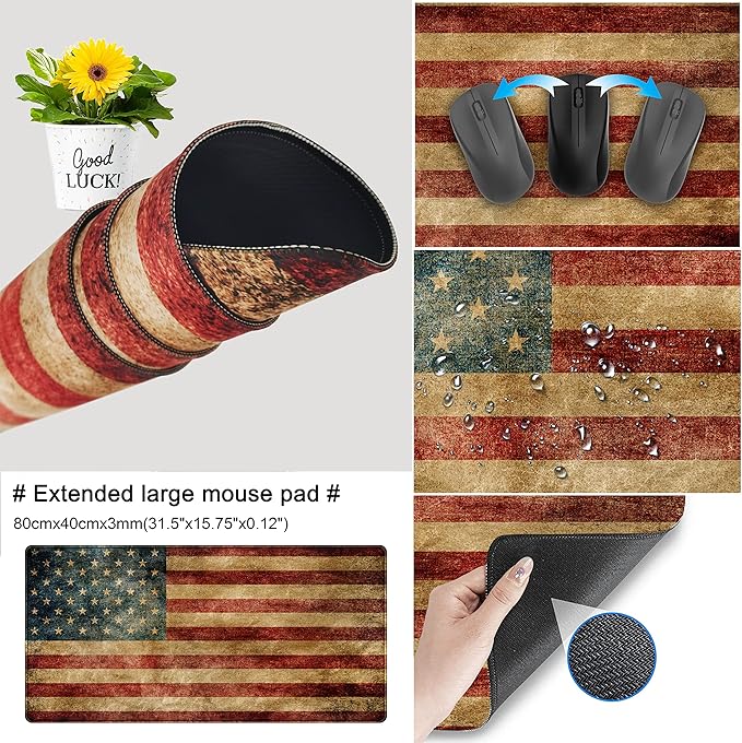 Desk Mat, Extended Gaming Mouse Pad, Large Keyboard Mouse Mat XXL, American Flag Full Desktop Mousepad with Stitched Edges & Non Slip Rubber Base Mice Pad for Office and Home 31.5"x15.75"