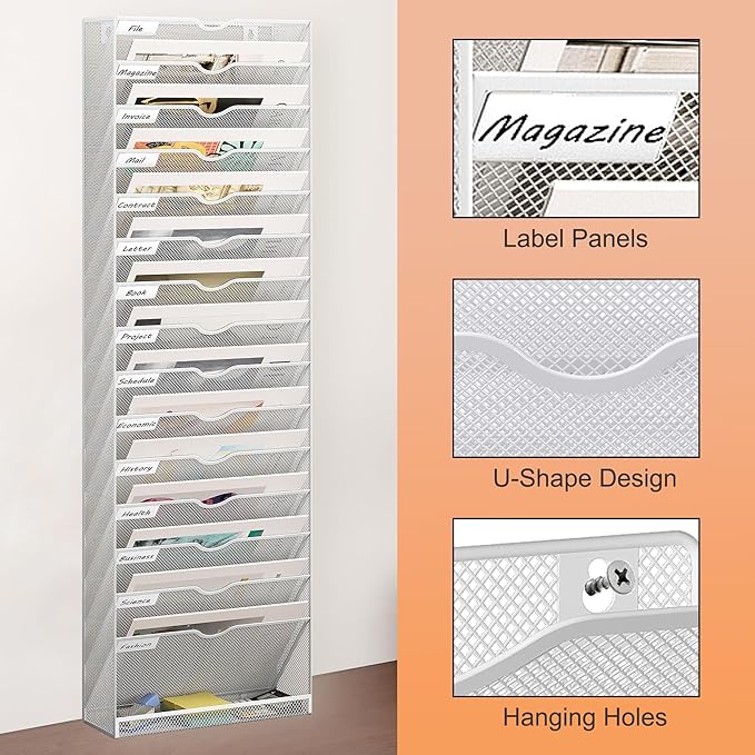16 Tier Hanging Wall File Holder, Metal A4 Wall Mounted Document Holder, Vertical Hanging Mail Organizer, Magazine Storage Rack with Tray for Office Home Classroom, White