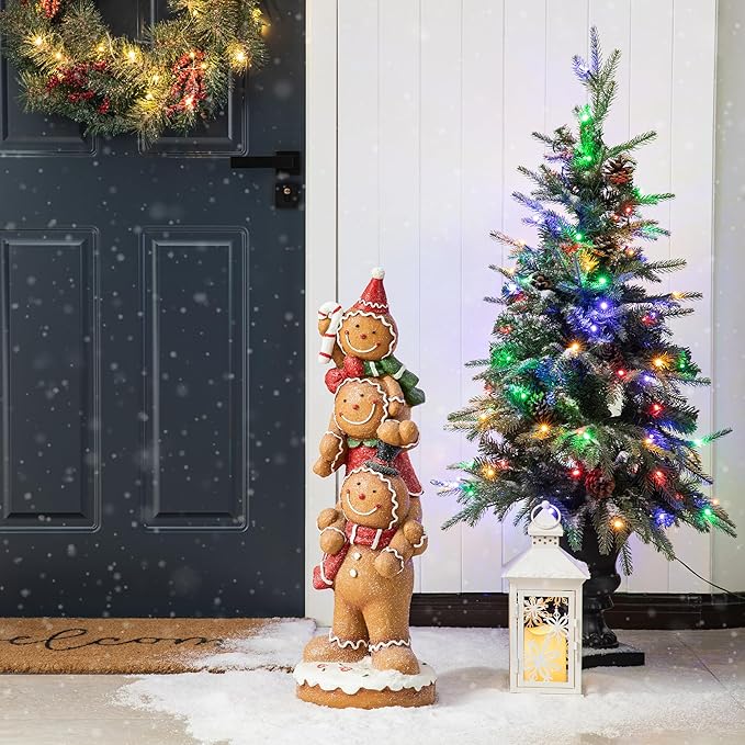 Glitzhome 29.25"H Christmas MGO Stacked Gingerbread Man Porch Decor, Xmas Winter Patio Front Porch Indoor Outdoor Home Standing Decor