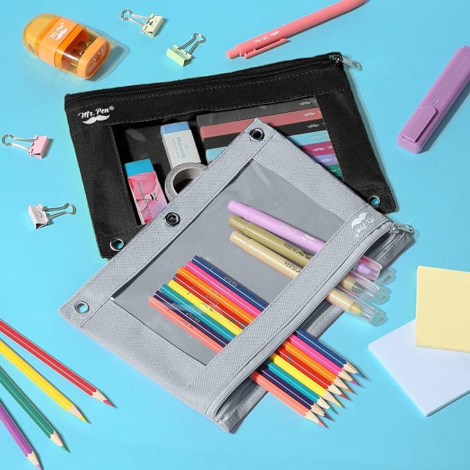 Mr. Pen- Pencil Pouch for 3 Ring Binder, 2 Pack, Black and Gray, 3 Ring Binder Pencil Pouch