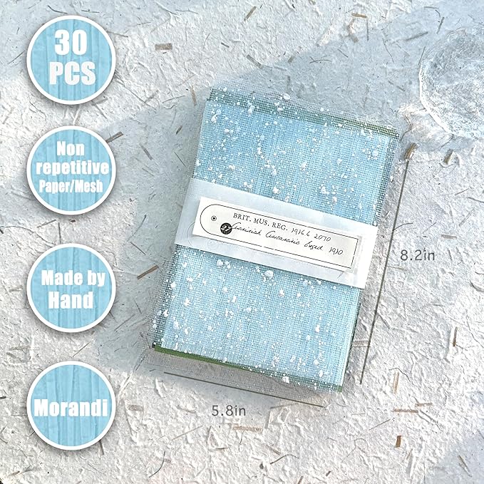 Aromoty 30 sheets A5 Unique Textured Scrapbook Paper&Mesh Fabric set - Handmade Craft Mulberry Special Paper Mix for Scrapbooking Junk Journaling Supplies Card DIY Materials Collage, 5.8x8.2 Inches