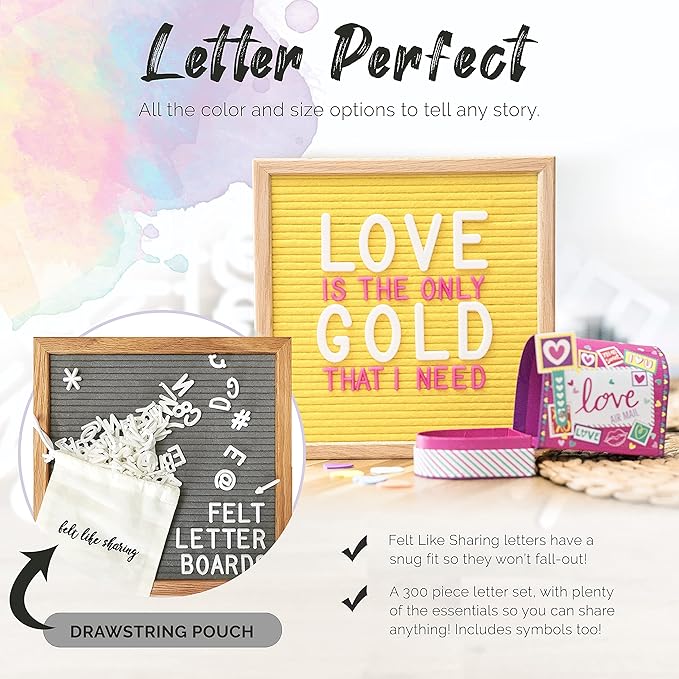 Felt Like Sharing Square Letter Board (Sapphire Blue Felt - 10”x10”) – Changeable Message Board with 3 Sets of Felt Board Letters – Statement Wall Sign for Quotes, Home or Holiday Decor In Oak Frame