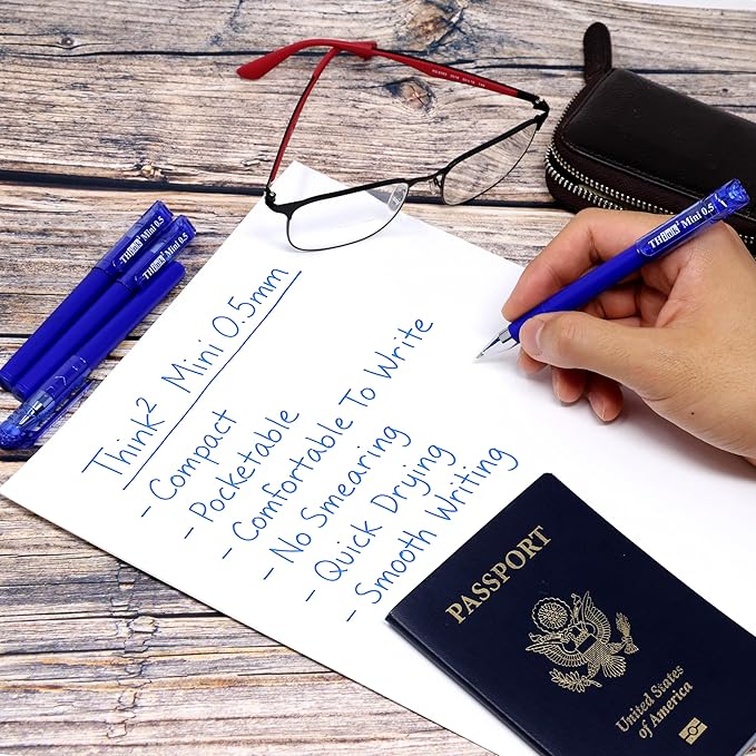 THINK2MASTER [24 Pens - Blue Ink Think2 0.5mm Pocketable Mini Gel Pens. (24 Blue) Fine Point Small Rollerball Pens with Smooth Quick Drying Ink.